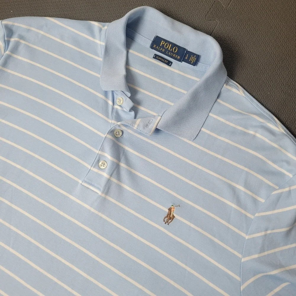 Polo Ralph Lauren Men's L Classic Fit Striped Blue Cotton Short Sleeve Shirt